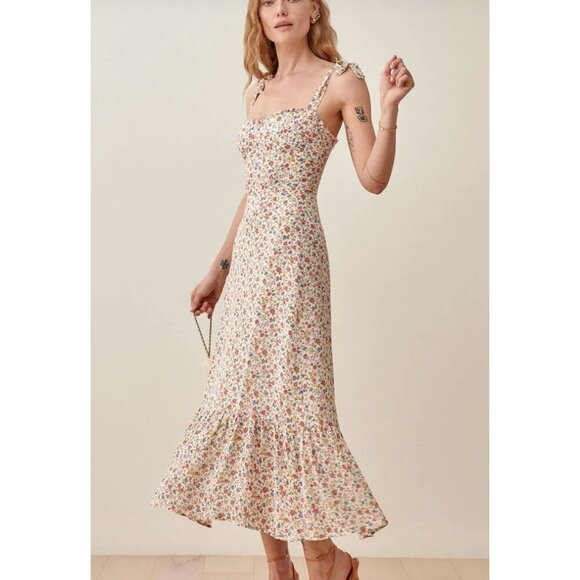 Reformation Nikita Dress Floral Midi Tie Strap Red White Blue Size 12 - Picture 1 of 6